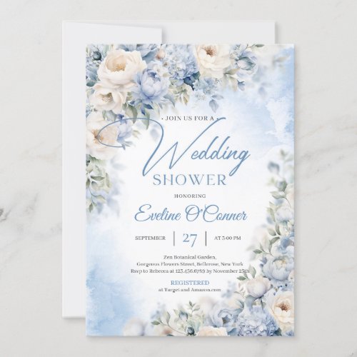 Winter Dusty Blue and Ivory Flowers Wedding Shower Invitation