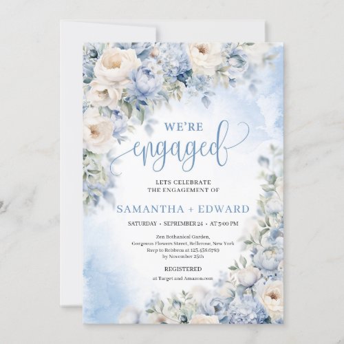 Winter Dusty Blue and Ivory Flowers WERE ENGAGED  Invitation
