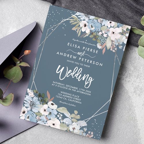 Winter dusty blue floral silver photo wedding invitation