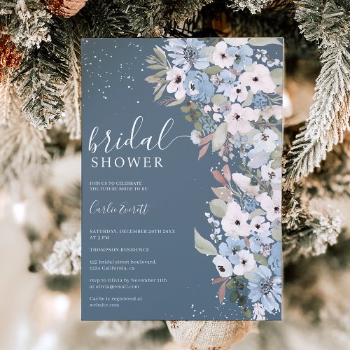 Winter dusty blue floral snow bridal shower invitation
