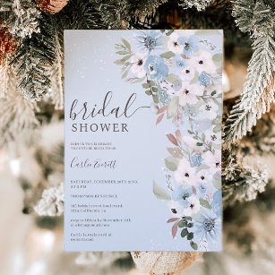 Winter dusty blue floral snow ice bridal shower invitation