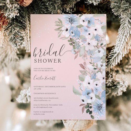 Winter dusty blue floral snow pink bridal shower invitation