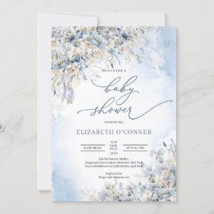 Winter dusty blue floral white roses eucalyptus invitation