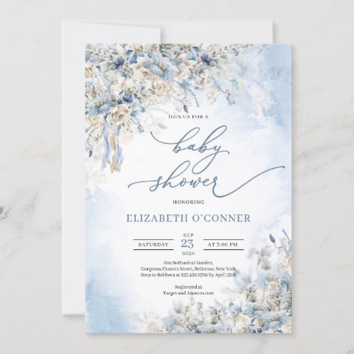 Winter dusty blue floral white roses eucalyptus invitation