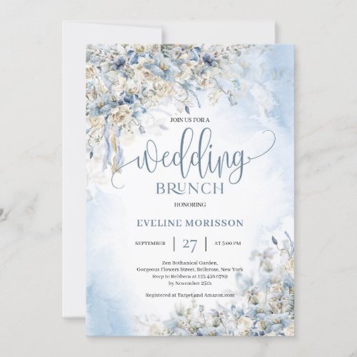 Winter dusty blue flowers greenery wedding brunch invitation