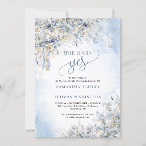 Winter dusty blue flowers ivory roses she said yes invitation