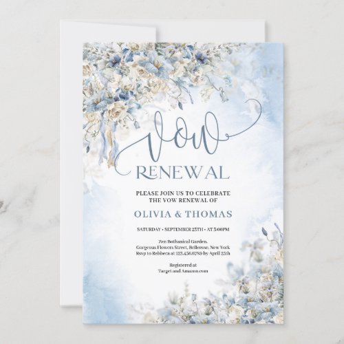 Winter dusty blue flowers ivory roses vow renewal  invitation