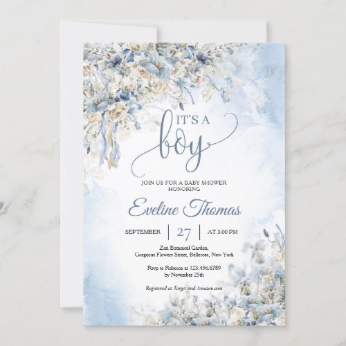 Winter dusty blue flowers white roses Its a boy Invitation