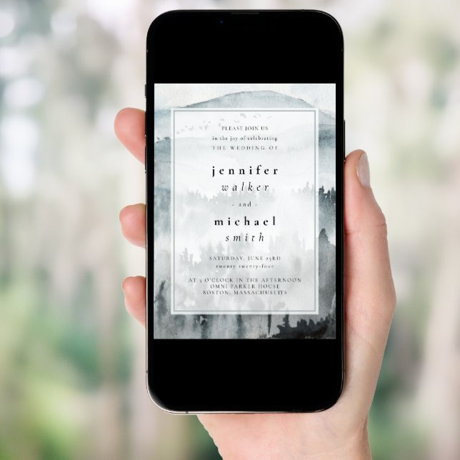 Winter Dusty Blue Mountain Minimalist Wedding  Invitation (Front Digital)