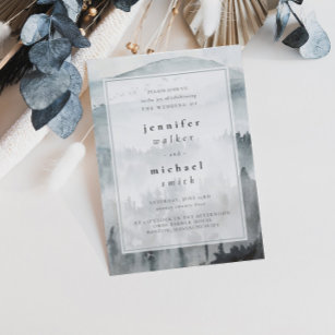 Winter Dusty Blue Mountain Minimalist Wedding  Invitation