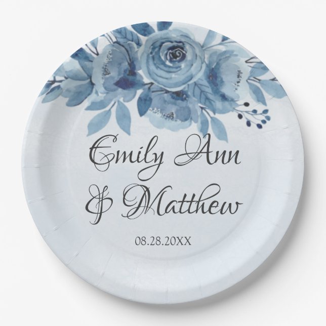 Winter Dusty Blue Watercolor Peony Wedding Paper Plates (Front)