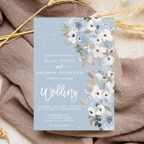 Winter dusty ice blue floral snow wedding invitation