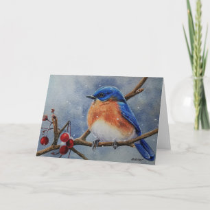 Winter Eastern Bluebird & Berries Watercolor Art Card