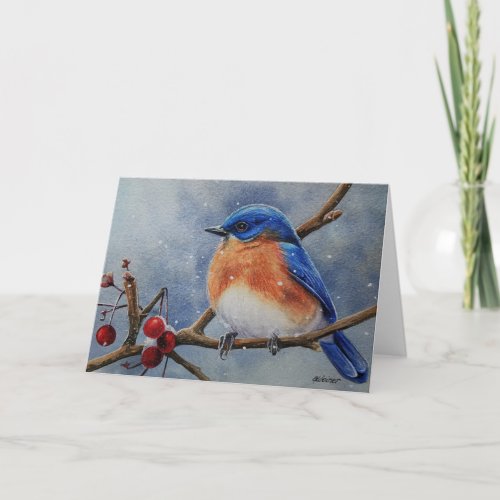Winter Eastern Bluebird  Berries Watercolor Art Card