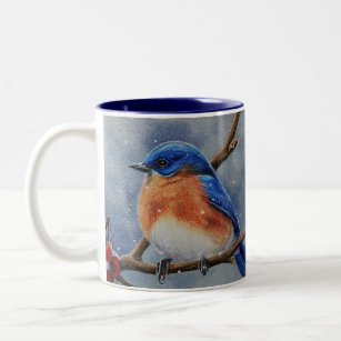Winter Eastern Bluebird & Berries Watercolor Art Two-Tone Coffee Mug