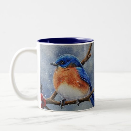 Winter Eastern Bluebird  Berries Watercolor Art Two_Tone Coffee Mug