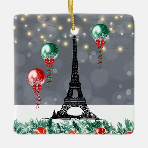 Winter Eiffel Tower Christmas Balloons Nighttime  Ceramic Ornament