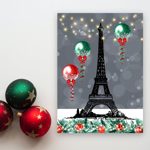 Winter Eiffel Tower Christmas Balloons Nighttime Holiday Card