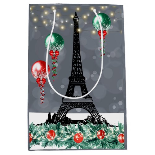 Winter Eiffel Tower Christmas Balloons Nighttime Medium Gift Bag