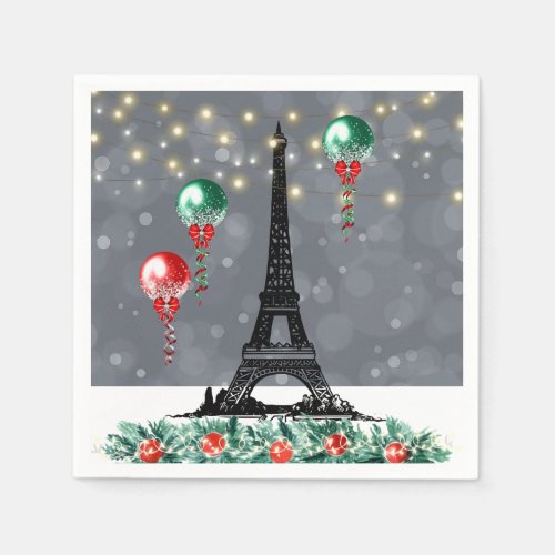 Winter Eiffel Tower Christmas Balloons Nighttime Napkins