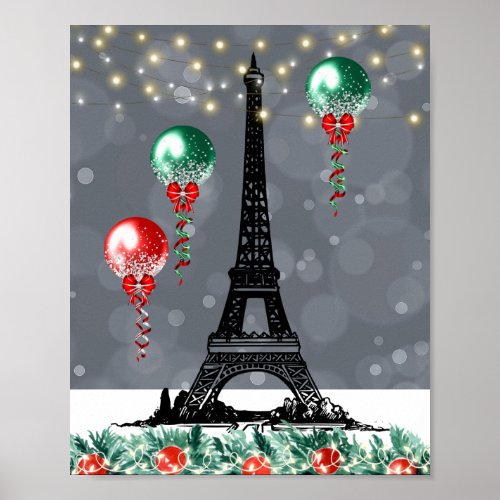 Winter Eiffel Tower Christmas Balloons Nighttime  Poster