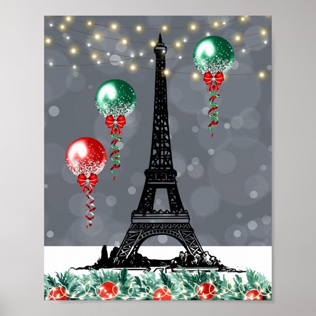 Winter Eiffel Tower, Christmas Balloons Nighttime  Poster (Front)