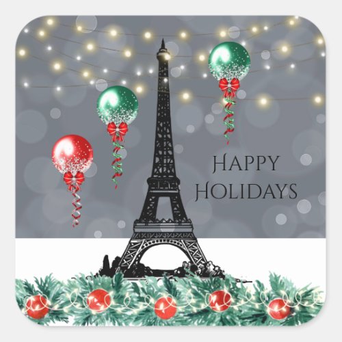 Winter Eiffel Tower Christmas Balloons Nighttime  Square Sticker