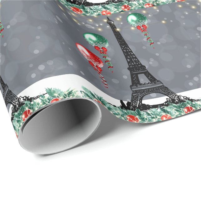 Winter Eiffel Tower, Christmas Balloons Nighttime Wrapping Paper (Roll Corner)