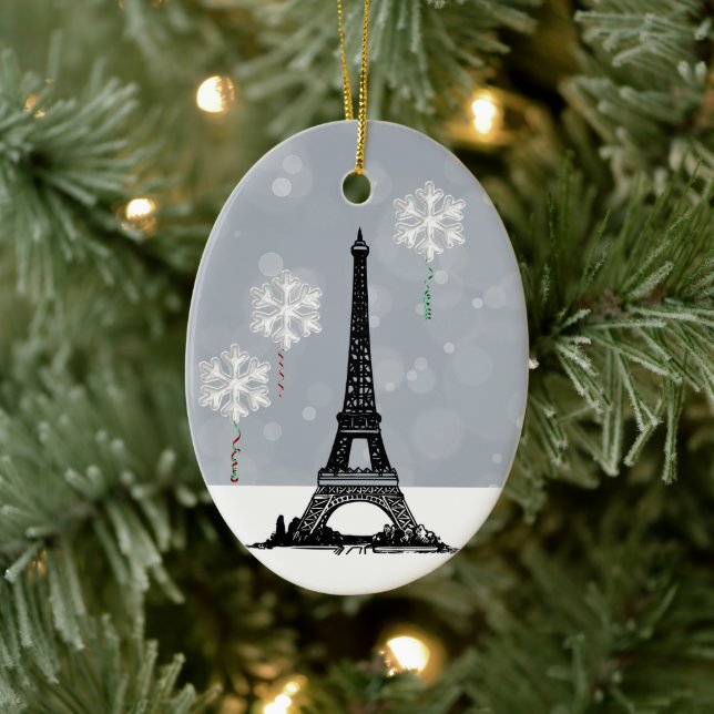 Winter Eiffel Tower, Snowflake Balloons Christmas Ceramic Ornament (Tree)