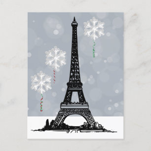 Winter Eiffel Tower, Snowflake Balloons Christmas Holiday Postcard