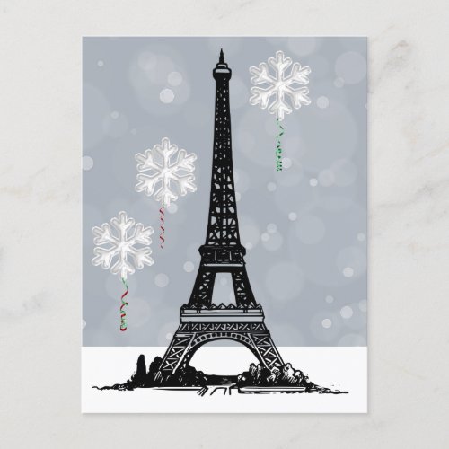 Winter Eiffel Tower Snowflake Balloons Christmas Holiday Postcard