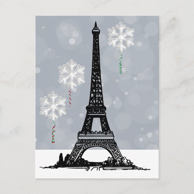 Winter Eiffel Tower, Snowflake Balloons Christmas Holiday Postcard (Front)