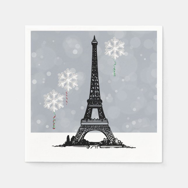 Winter Eiffel Tower, Snowflake Balloons Christmas Napkins (Front)