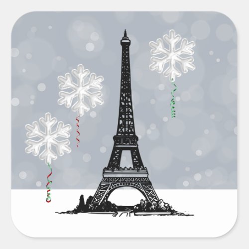 Winter Eiffel Tower Snowflake Balloons Christmas Square Sticker