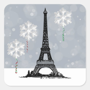 Winter Eiffel Tower, Snowflake Balloons Christmas Square Sticker