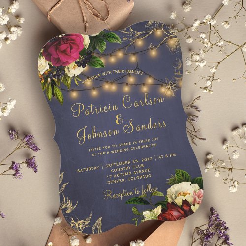 Winter elegant gold navy burgundy wedding invitation