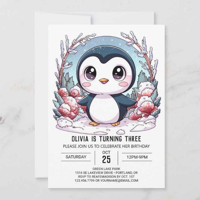 Winter Elegant Penguin Digital Birthday Invitation (Front)