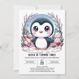 Winter Elegant Penguin Digital Birthday Invitation