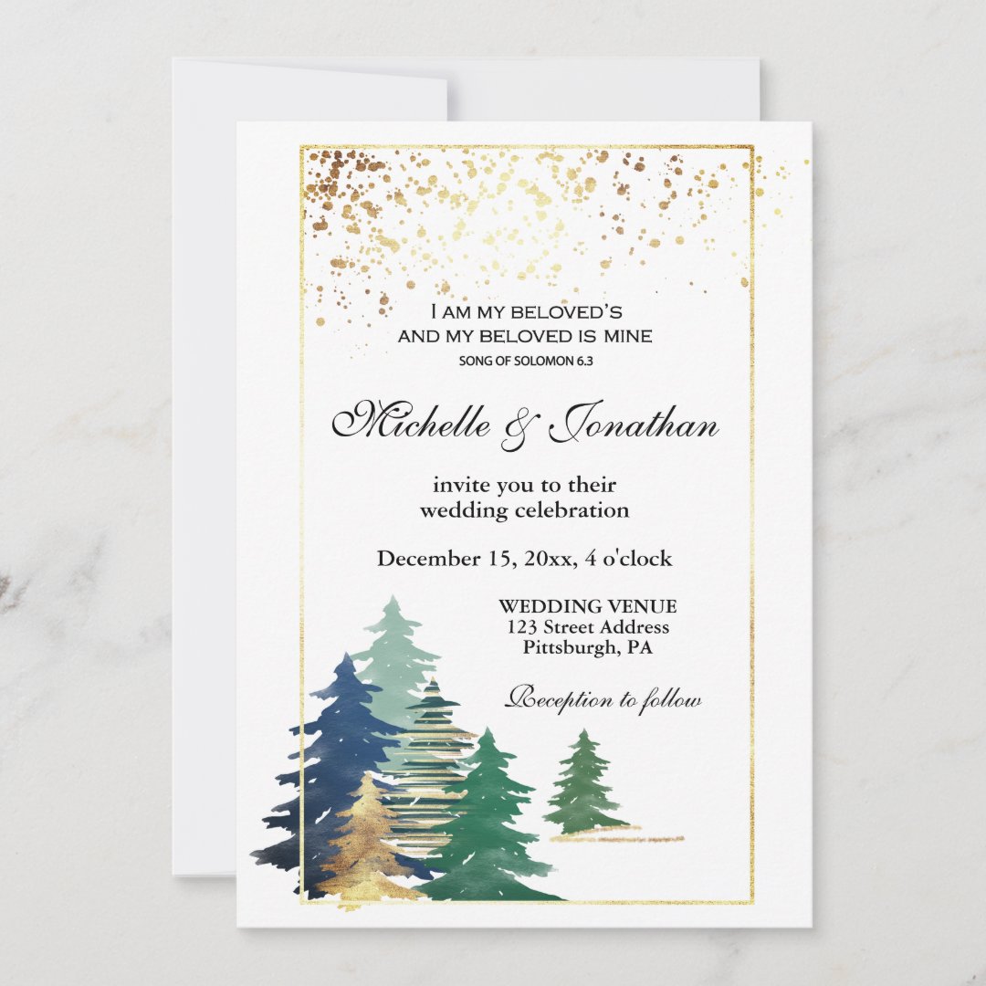Winter Elegant Pine Trees Bible Verse Wedding Invitation Zazzle