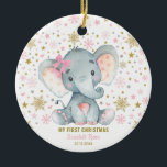 Winter Elephant 1st Christmas Snowflake Baby Girl Ceramic Ornament<br><div class="desc">This beautiful Christmas ornament features watercolor illustration of an adorable baby elephant girl surrounded by glittery pink,  gold and silver snowflakes. The text fields are fully editable.</div>