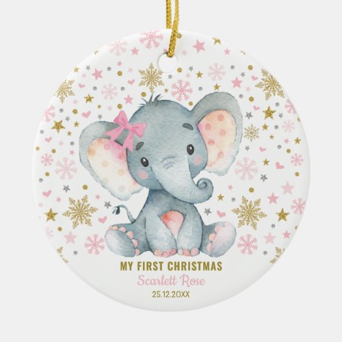 Winter Elephant 1st Christmas Snowflake Baby Girl Ceramic Ornament
