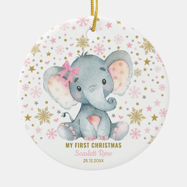Winter Elephant 1st Christmas Snowflake Baby Girl Ceramic Ornament (Front)