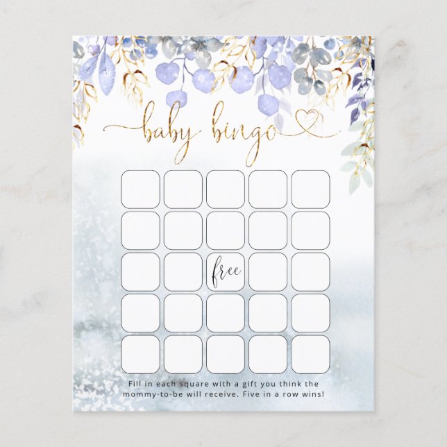 Winter elephant baby shower Bingo Game (Front)