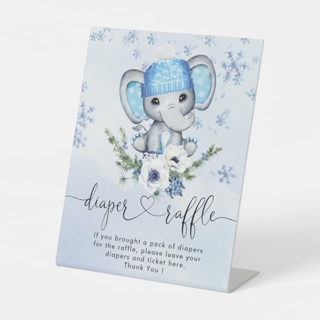 Winter Elephant Baby Shower Diaper Raffle Pedestal Sign (Front)