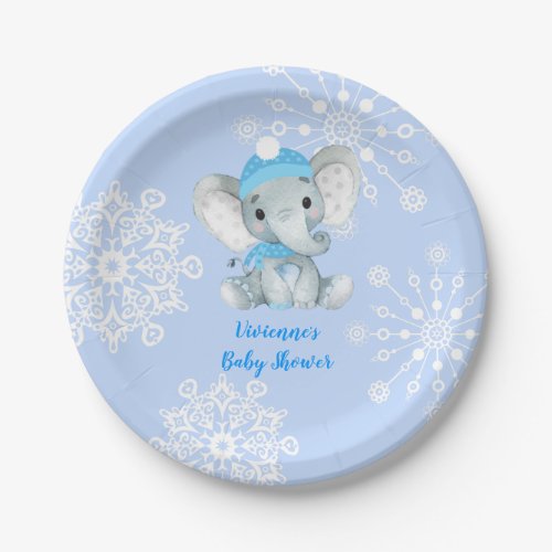 Winter Elephant blue Plate Baby Shower Birthday