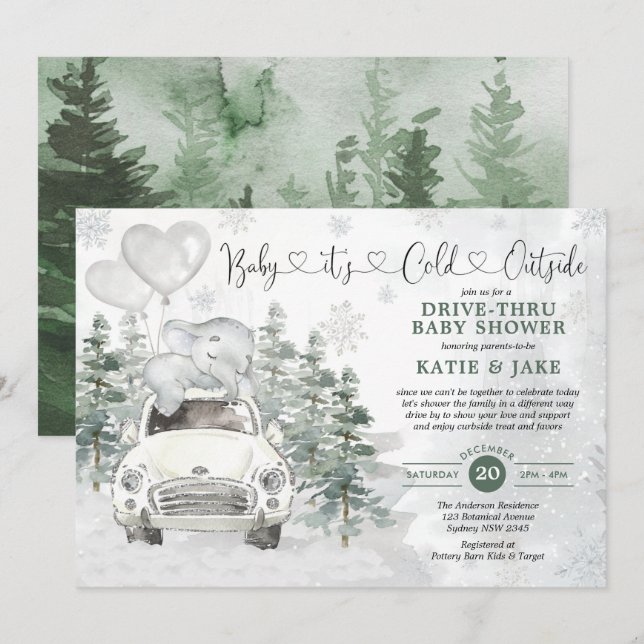 Winter Elephant Snowy Forest Drive By Baby Shower Invitation (Front/Back)