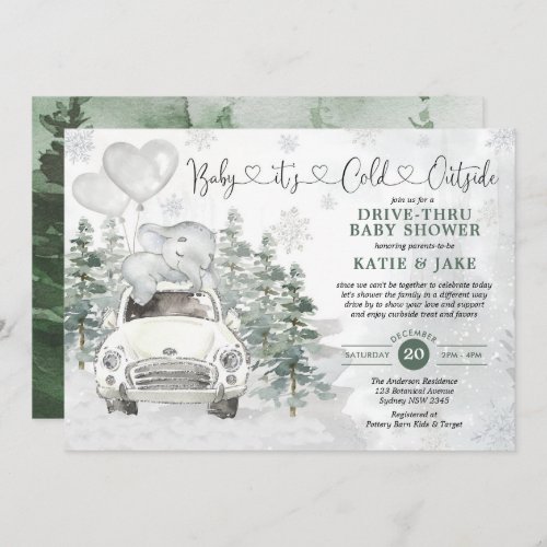 Winter Elephant Snowy Forest Drive By Baby Shower Invitation