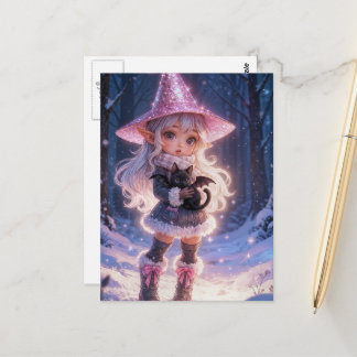 Winter Elf and Dragon Kitty Hybrid in Forest Postcard