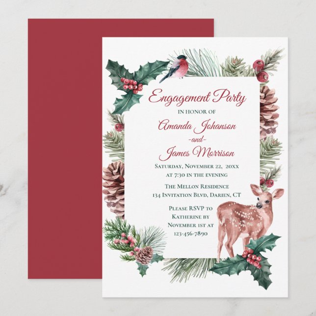 Winter Engagement Party Red Christmas Wedding Deer Invitation (Front/Back)