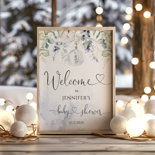 Winter eucalyptus blue baby shower welcome poster